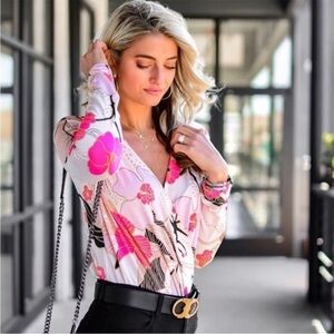 Floral V-Neck Women's Bodysuit - Pink